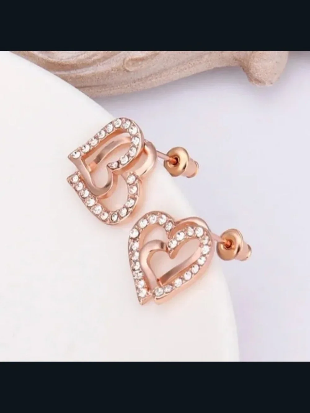 Rose Gold Crystal Heart Stud Earrings - Women Jewelry